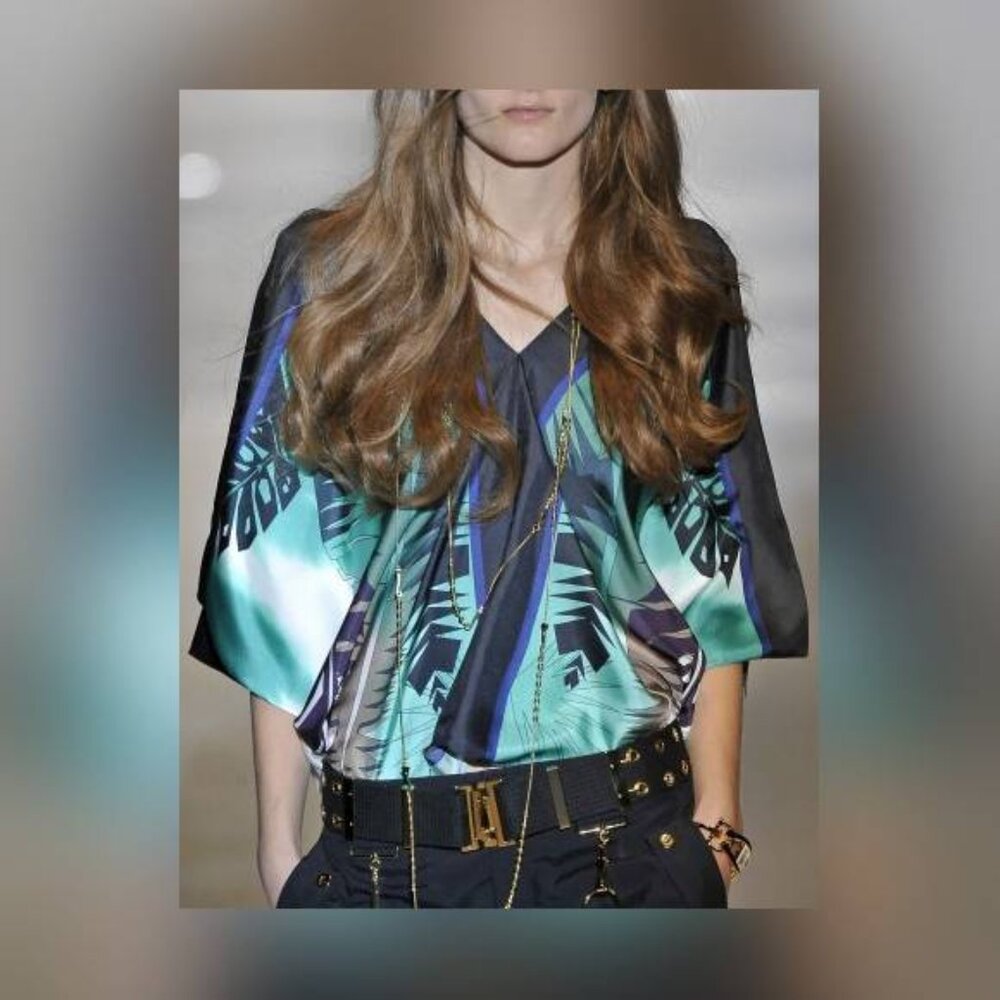 Gucci SS/09 Runway Teal Geometric Silk Scarf Top